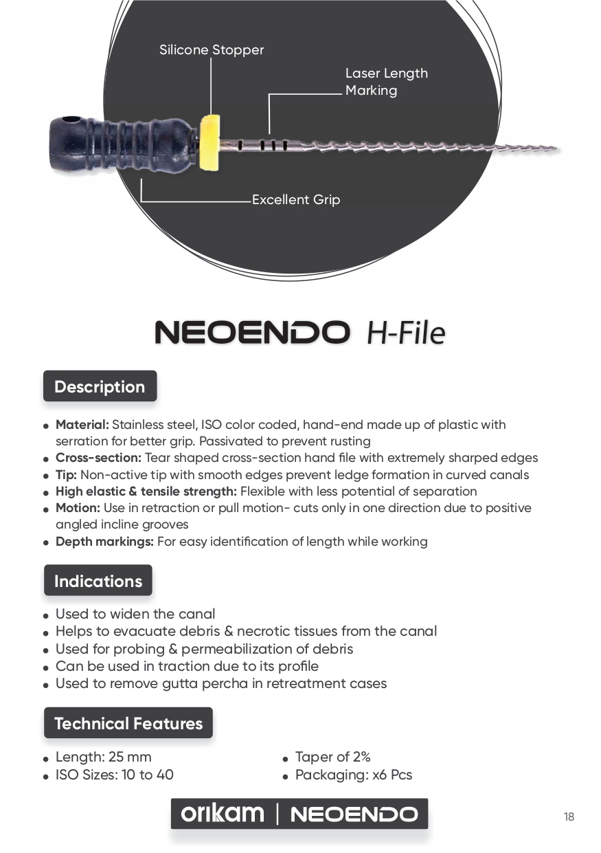 Neoendo H Hand File | High Elastic & Tensile Strength | Orikam